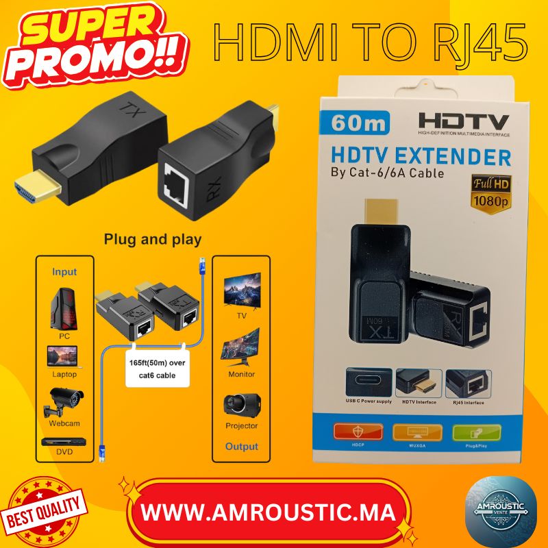 موسع نطاق HDTV بطول 60 مترًا عبر كابل شبكة Cat6/Cat6A