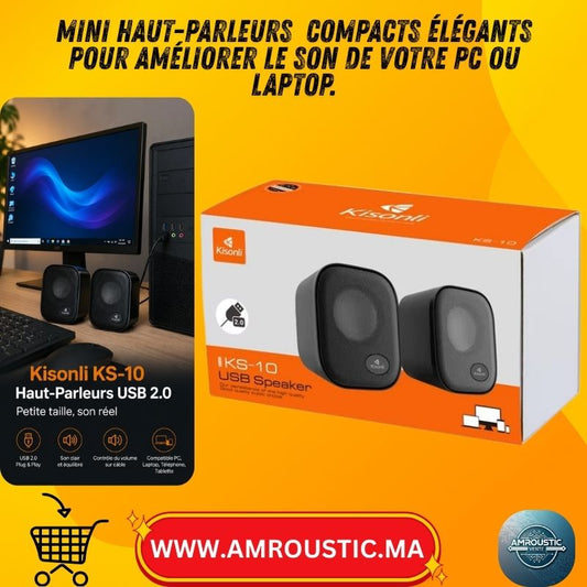 Haut-Parleurs USB Kisonli KS-10 2.0 – Mini Enceintes PC Compactes Noir