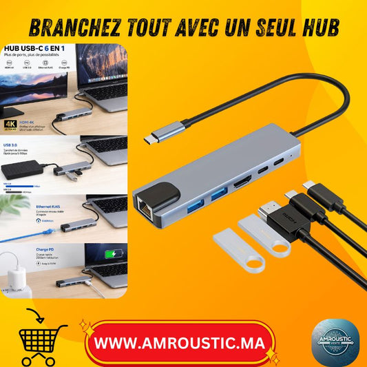 موزع USB-C متعدد المنافذ 6 في 1 مع HDMI 4K و USB 3.0 و Ethernet RJ45 وشحن PD