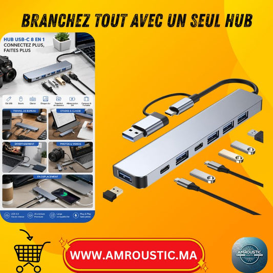 موزع USB نوع C 3.0 8 في 1 من سبائك الألومنيوم مع منافذ USB وUSB-C