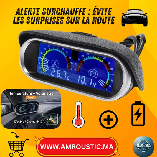 مقياس حرارة الماء بشاشة LCD 2 في 1 + مقياس الفولتية – حساس M10 (10 مم) – 9-36 فولت – 12 فولت/24 فولت للسيارة