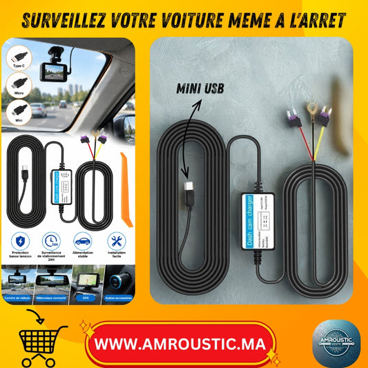 مجموعة كابل الطاقة لكاميرا لوحة القيادة (داش كام) بموصل Mini USB، من 12-30 فولت إلى 5 فولت 2.5 أمبير – مراقبة مواقف السيارات على مدار 24 ساعة