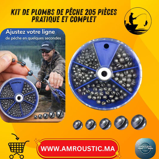 Kit de plombs de pêche à tir fendu 205 pièces – 5 tailles en boîte de rangement