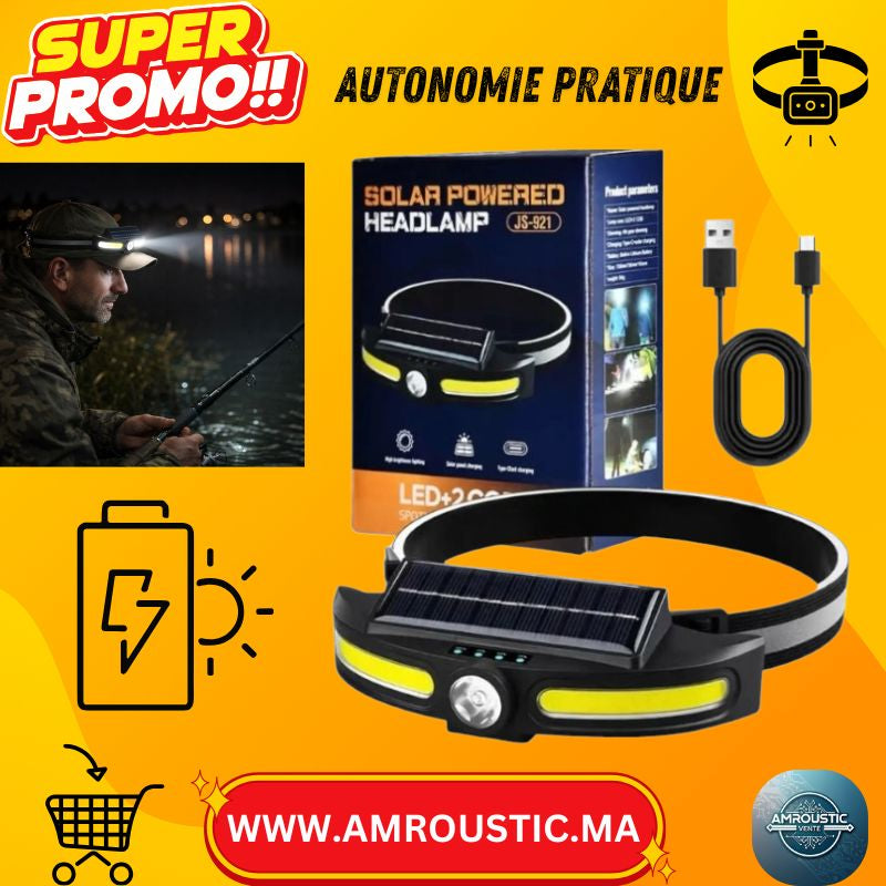 مصباح رأس شمسي JS-921 - مزود بمصباح LED ومصباحين LED من نوع COB، منفذ USB-C وشحن شمسي، 4 مستويات سطوع، خفيف الوزن 84 غرامًا