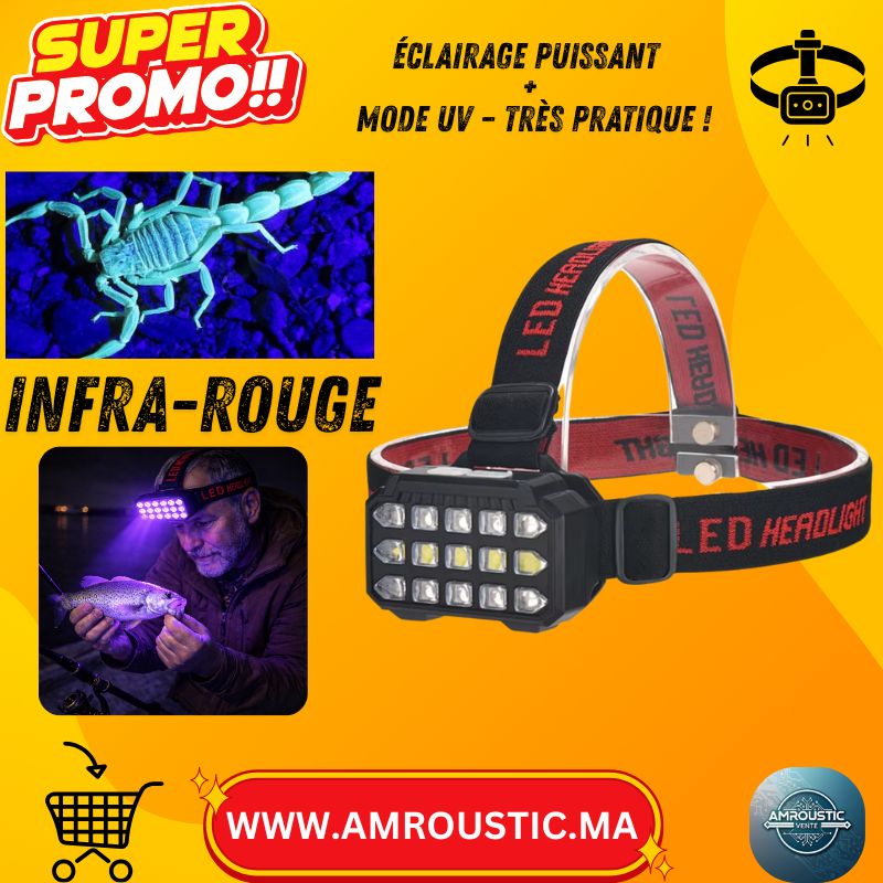 مصباح رأس بالأشعة فوق البنفسجية قابل لإعادة الشحن عبر منفذ USB طراز SQ-818-UV - مزود بمصباح LED أبيض + 10 مصابيح LED للأشعة فوق البنفسجية، وبطارية مدمجة من نوع 18650، ومدى يصل إلى 200 متر.