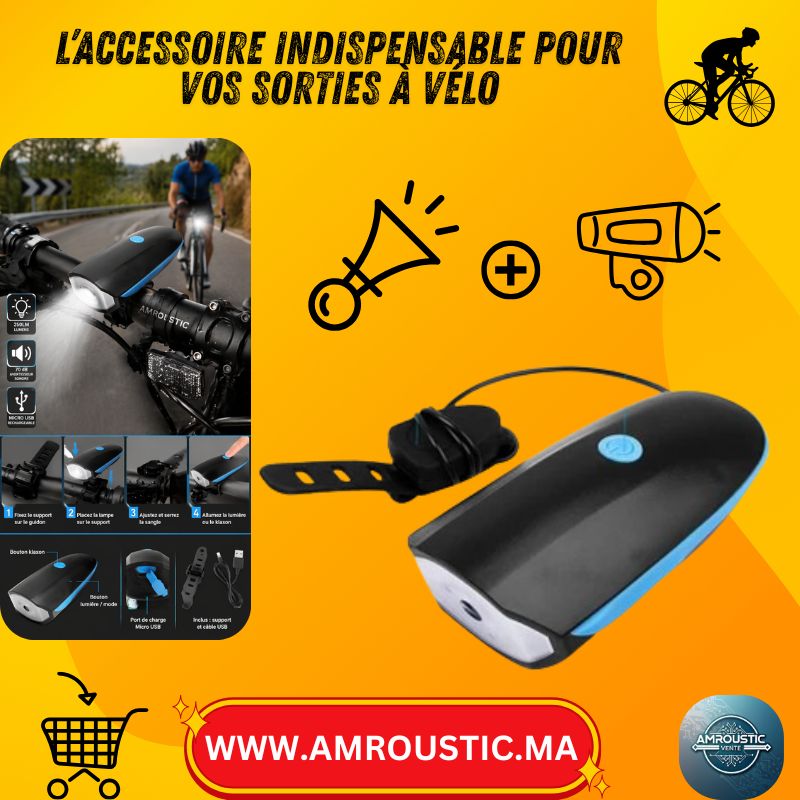 Lampe de vélo rechargeable Micro USB 250LM avec avertisseur sonore intégré
