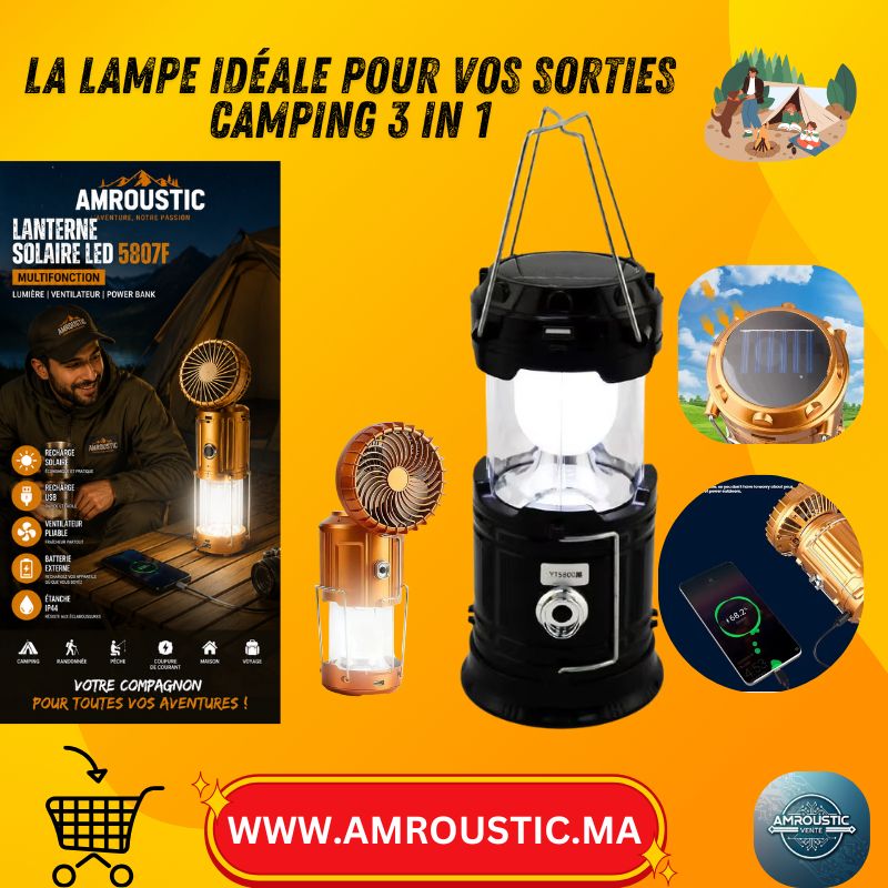 Lanterne de Camping Solaire LED 5807F Multifonction avec Ventilateur Pliable