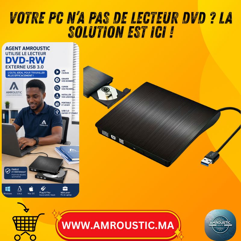 Lecteur Graveur DVD-RW Externe USB 3.0 Portable pour PC et Ordinateur Portable