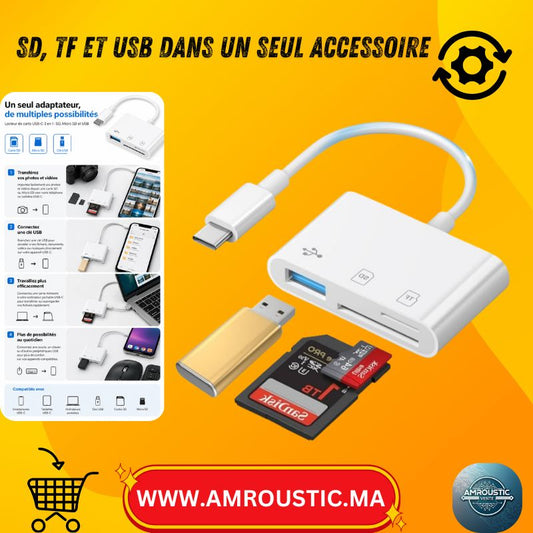 قارئ بطاقات USB-C إلى USB وSD وMicro SD – محول OTG 3 في 1