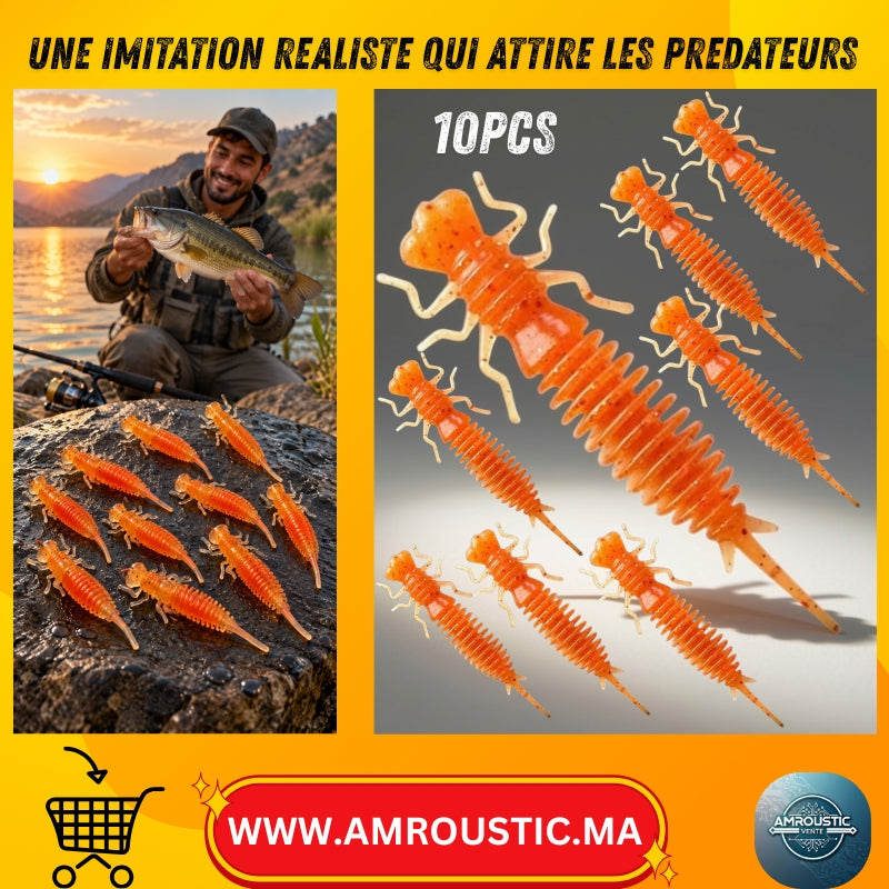 Lot de 10 Leurres Souples MEREDITH S20 – Imitation Larve Orange Pailletée