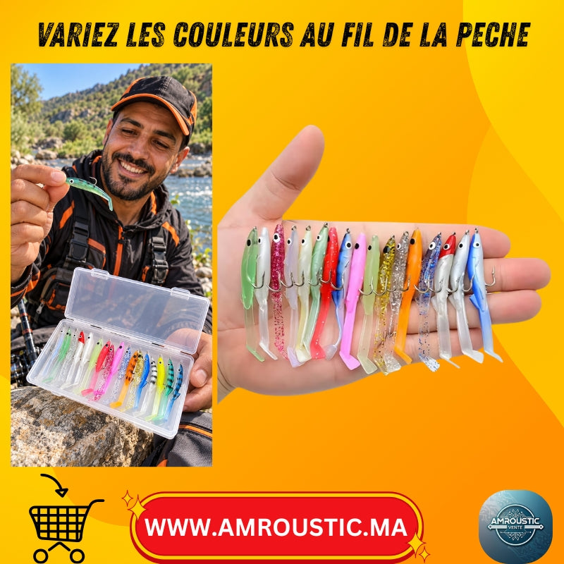 Lot de 17 leurres souples mini anguilles avec hameçon – 6,5 cm, boîte de rangement