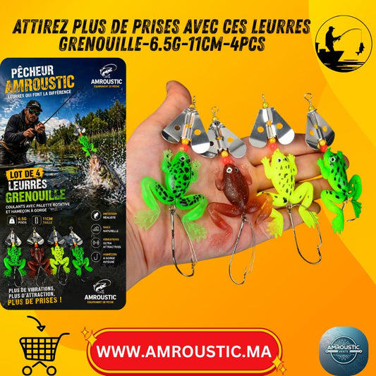 Lot de 4 leurres souples grenouille coulants avec palette rotative et hameçon à gorge – 6.5g / 11cm