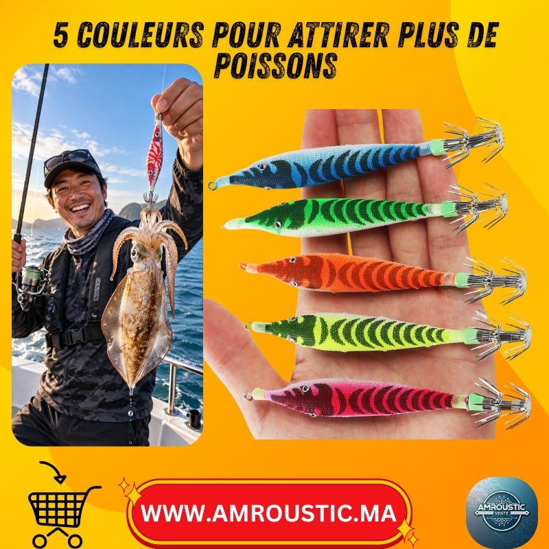 Lot de 5 Leurres Lumineux Calmar Souples 10 cm 6 g avec Hamecon – 5 Couleurs