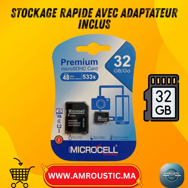 MICROCELL Carte microSDHC 32 Go V6 avec adaptateur SD - 48 Mo/s