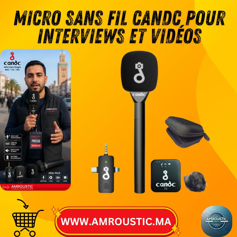 Microphone Sans Fil Candc Interview Single MIC 1TX + 1RX avec Support Main et Bonnette