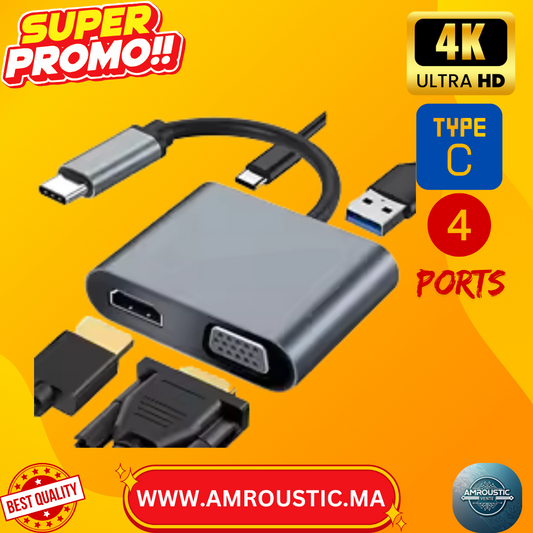 محول من 4 منافذ Type-C إلى HDMI-VGA