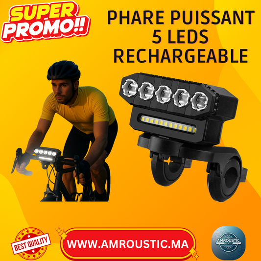 Phare avant vélo rechargeable 5 LED  ultra lumineux