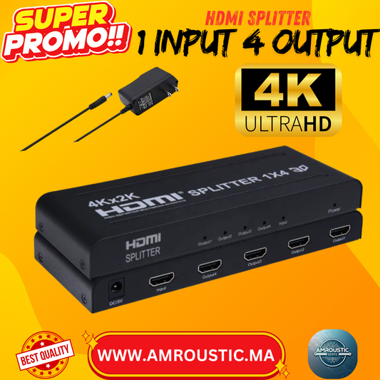 موزع HDMI بدقة 4K UHD (1x4) - مُكرِّر HDMI رباعي المنافذ، يدعم تقنية ثلاثية الأبعاد كاملة، بدقة 3840×2160 بكسل
