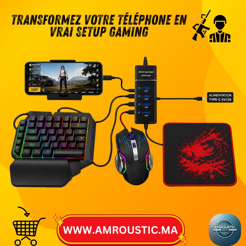 حزمة ألعاب الهاتف 6 في 1 HK6800 - لوحة مفاتيح 35 مفتاحًا + ماوس RGB + محول + حامل هاتف + سجادة