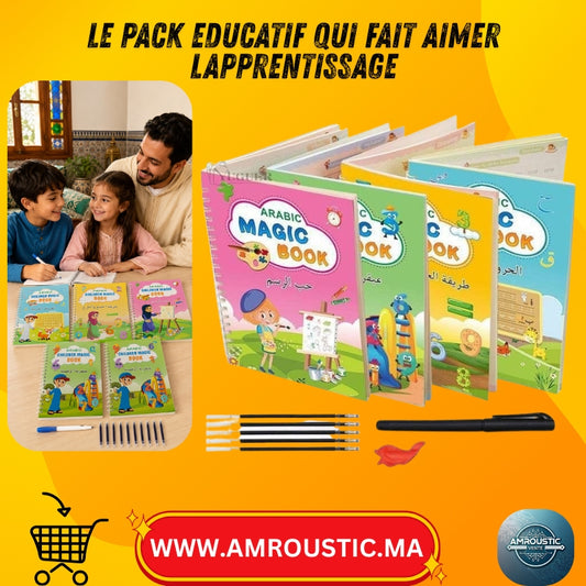 Pack de 4 cahiers magiques arabes pour enfants avec 1 stylo et 10 recharges