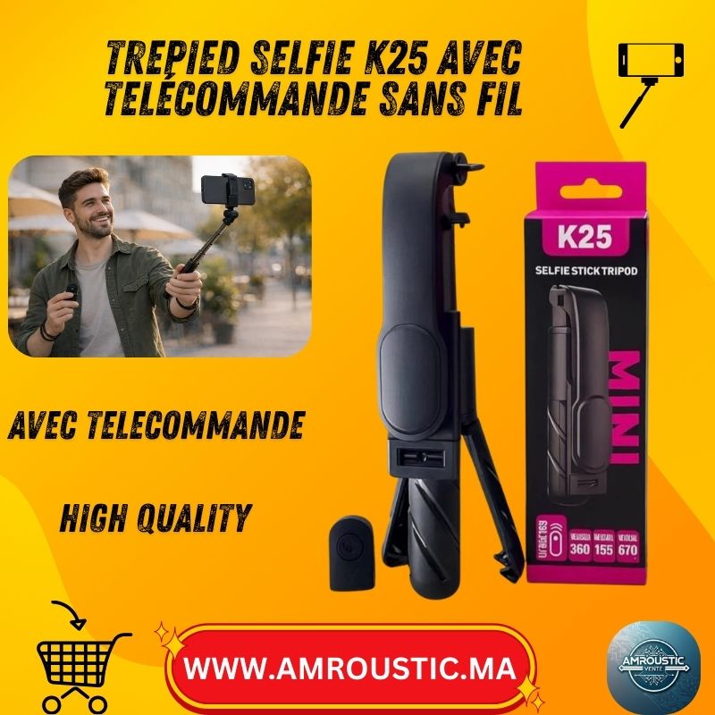 Perche Selfie Trépied K25 Mini avec Télécommande Sans Fil – Rotation 360° – Extensible 67 cm