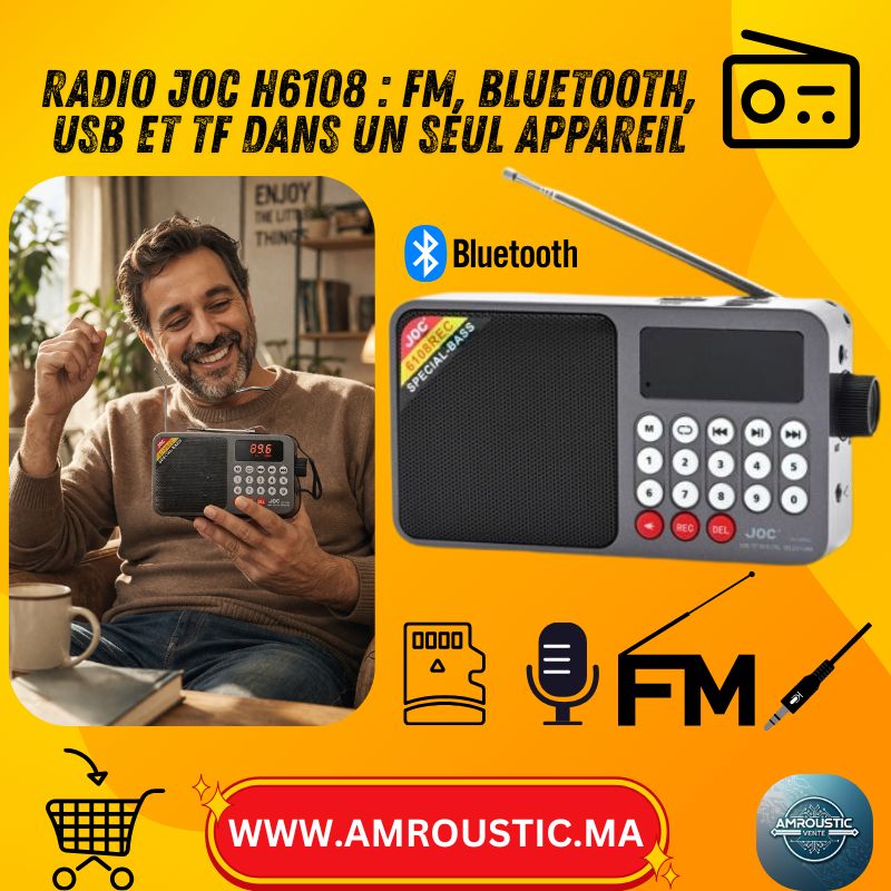 راديو بلوتوث محمول JOC H6108 مع راديو FM، تسجيل، مصباح LED وشاشة رقمية