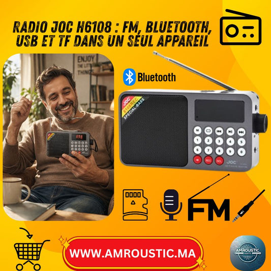 راديو بلوتوث محمول JOC H6108 مع راديو FM، تسجيل، مصباح LED وشاشة رقمية