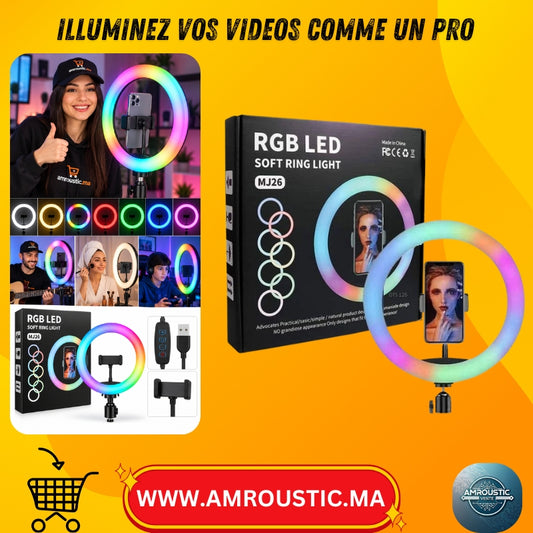 حلقة إضاءة RGB MJ26 مقاس 10 بوصات مع حامل هاتف ذكي – إضاءة LED للفيديو والصور والبث المباشر