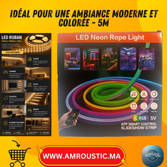 Ruban LED Neon Rope Light IC-RGB 5m – Contrôle Bluetooth APP + Télécommande IR – 5V