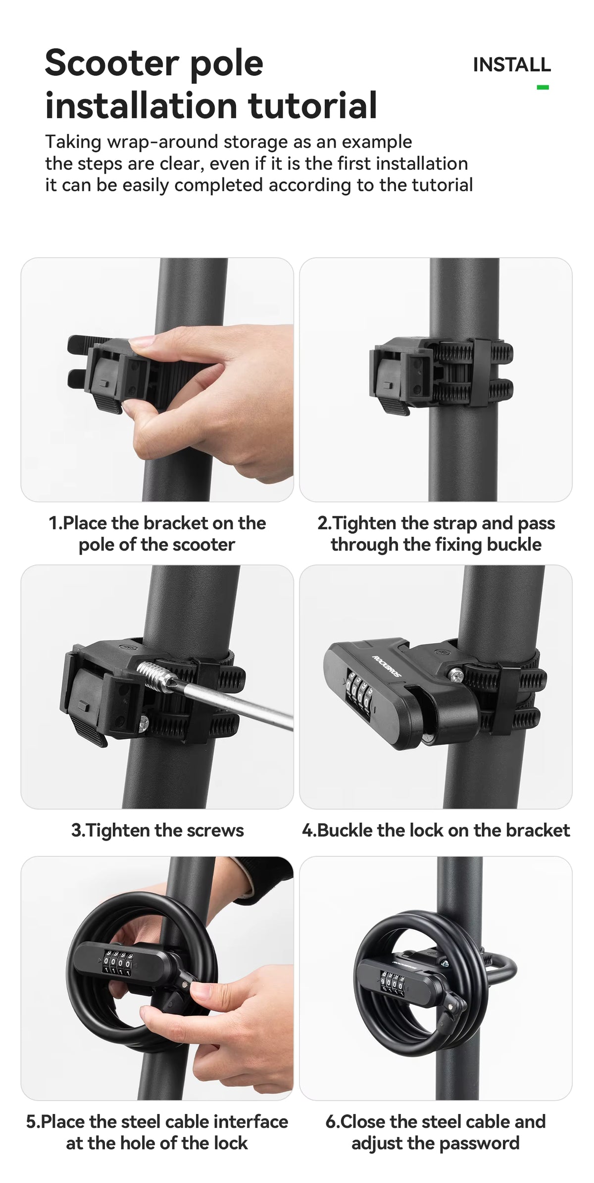 ROCKBROS – Antivol à code 4 chiffres avec câble 1,1 m pour trottinette et vélo