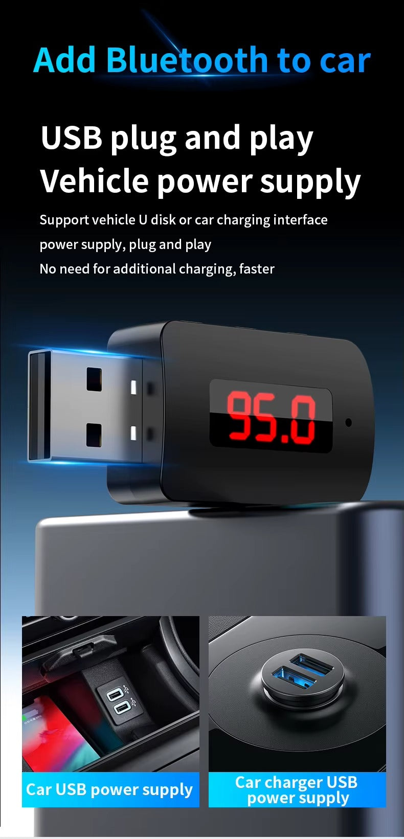 Branchement USB de l’adaptateur Bluetooth M10 en voiture