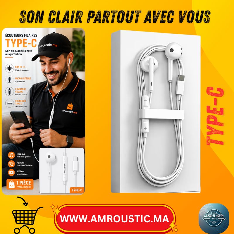 Écouteurs Filaires Type-C avec Microphone et Commande Volume - 1 Pièce - Blanc