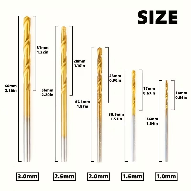 Dimensions des forets HSS de 1 à 3 mm en anglais