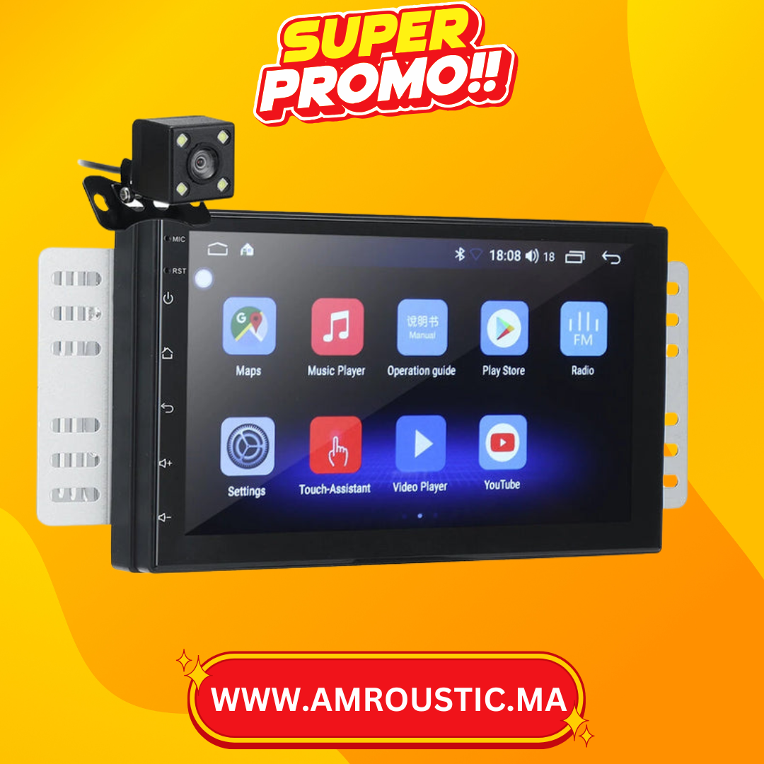 شاشة iMars متعددة الوسائط للسيارة مقاس 7 بوصات، سعة تخزين 2+32 جيجابايت، تدعم CarPlay، ونظام Android 10، وتقنية Bluetooth، وWiFi، وراديو FM، وكاميرا