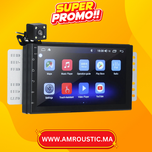 شاشة iMars متعددة الوسائط للسيارة مقاس 7 بوصات، سعة تخزين 2+32 جيجابايت، تدعم CarPlay، ونظام Android 10، وتقنية Bluetooth، وWiFi، وراديو FM، وكاميرا