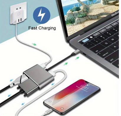 موزع USB-C 4 في 1 - يدعم HDMI بدقة 4K + VGA + USB 3.0 + شحن سريع 60 واط - محول من النوع C للكمبيوتر والهاتف