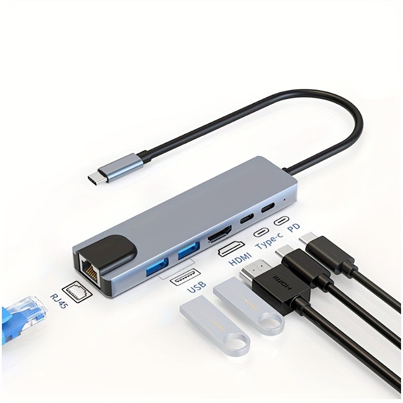 Hub Multiport USB-C 6 en 1 avec HDMI 4K, USB 3.0, Ethernet RJ45 et Charge PD