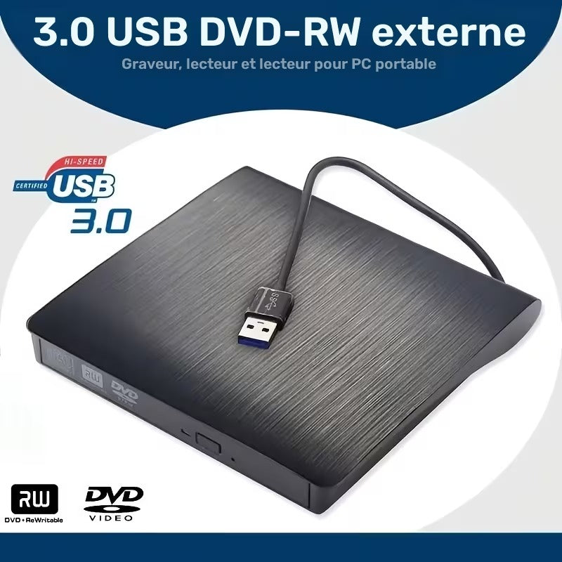 Lecteur Graveur DVD-RW Externe USB 3.0 Portable pour PC et Ordinateur Portable