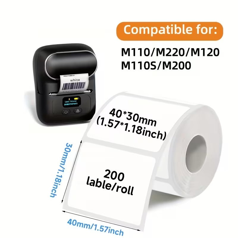 5 لفات ملصقات بيضاء 40x30 مم – 200 ملصق/لفة – متوافقة مع M110S/M200/M110/M220/M120/P50