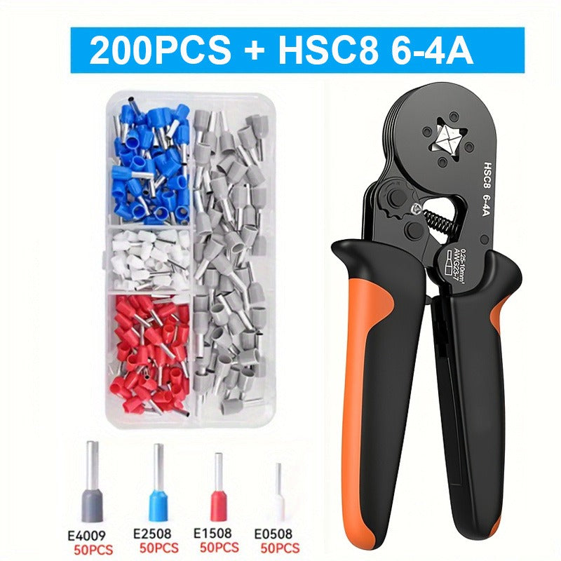 Pince à Sertir HSC8 6-4A avec 200, 400 Embouts de Fil Isolés – Kit de Sertissage à Cliquet Auto-Ajustable