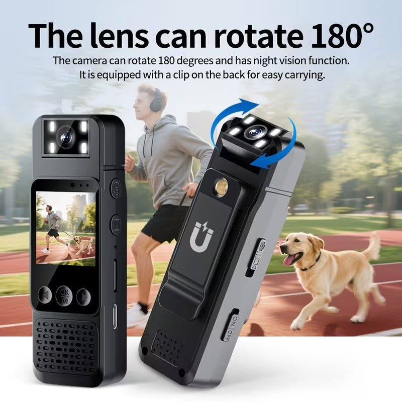 Caméra corporelle 1080P avec audio, objectif rotatif 180° et vision nocturne