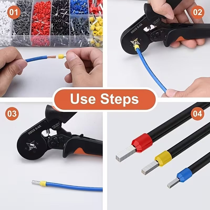 Pince à Sertir HSC8 6-4A avec 200, 400 Embouts de Fil Isolés – Kit de Sertissage à Cliquet Auto-Ajustable