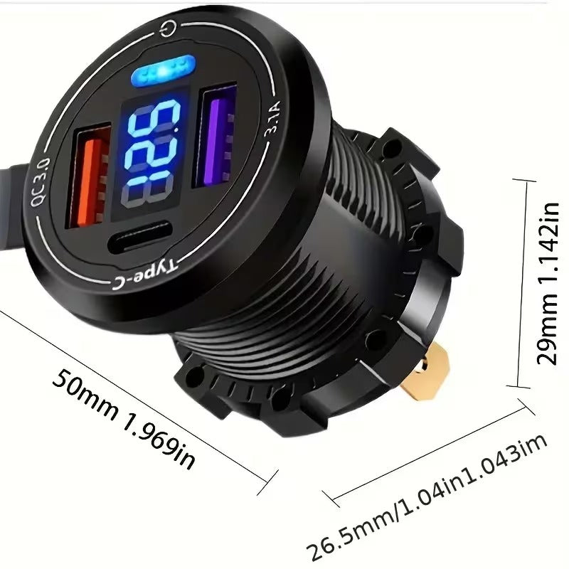 شاحن USB مدمج 12V-40V مع مقياس الفولت، تايب سي، QC 3.0 ومفتاح تشغيل للسيارة، الدراجة النارية، الشاحنة والقارب
