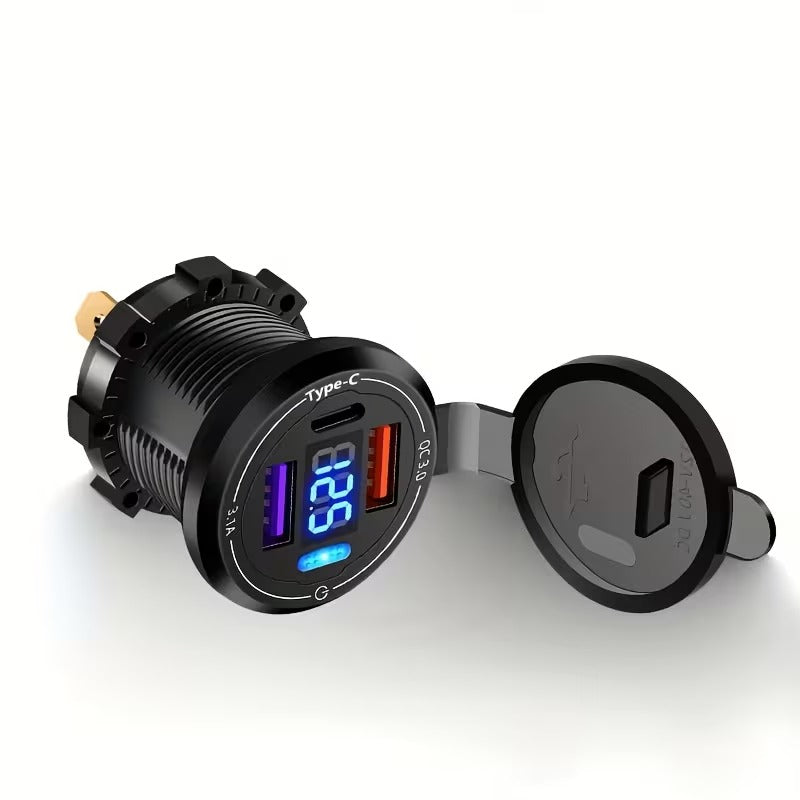شاحن USB مدمج 12V-40V مع مقياس الفولت، تايب سي، QC 3.0 ومفتاح تشغيل للسيارة، الدراجة النارية، الشاحنة والقارب