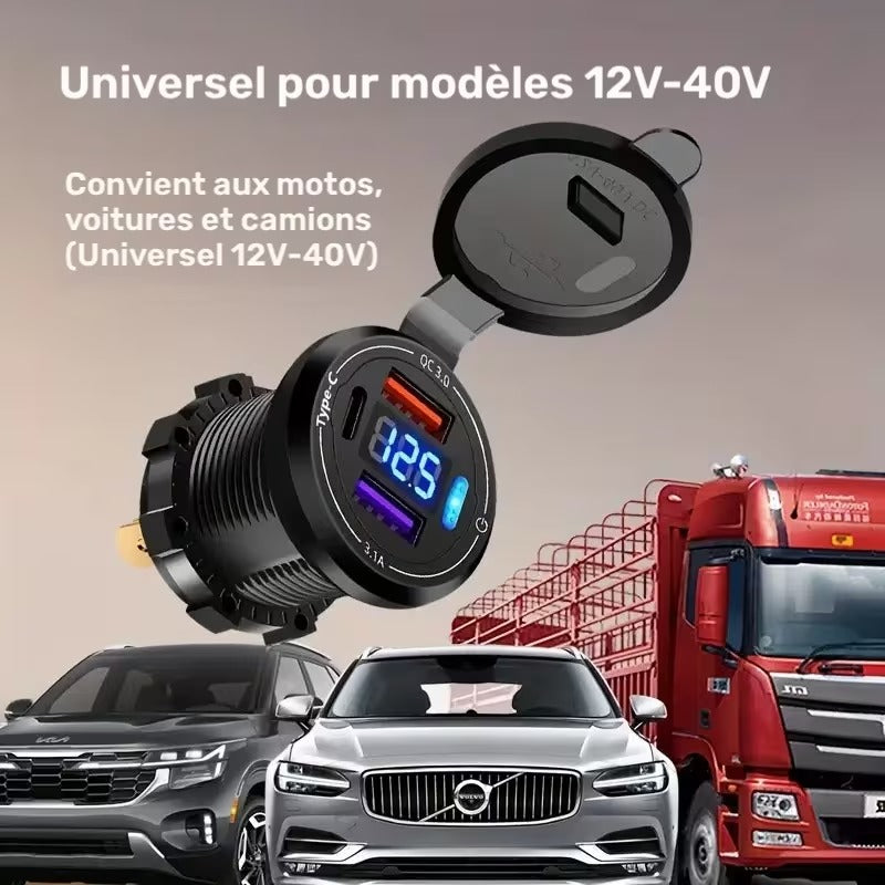 شاحن USB مدمج 12V-40V مع مقياس الفولت، تايب سي، QC 3.0 ومفتاح تشغيل للسيارة، الدراجة النارية، الشاحنة والقارب