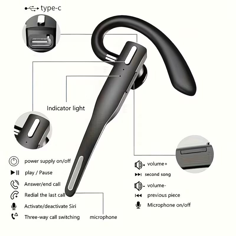 Écouteur Bluetooth Mains Libres Professionnel  – Casque Mono avec Micro pour Appels HD