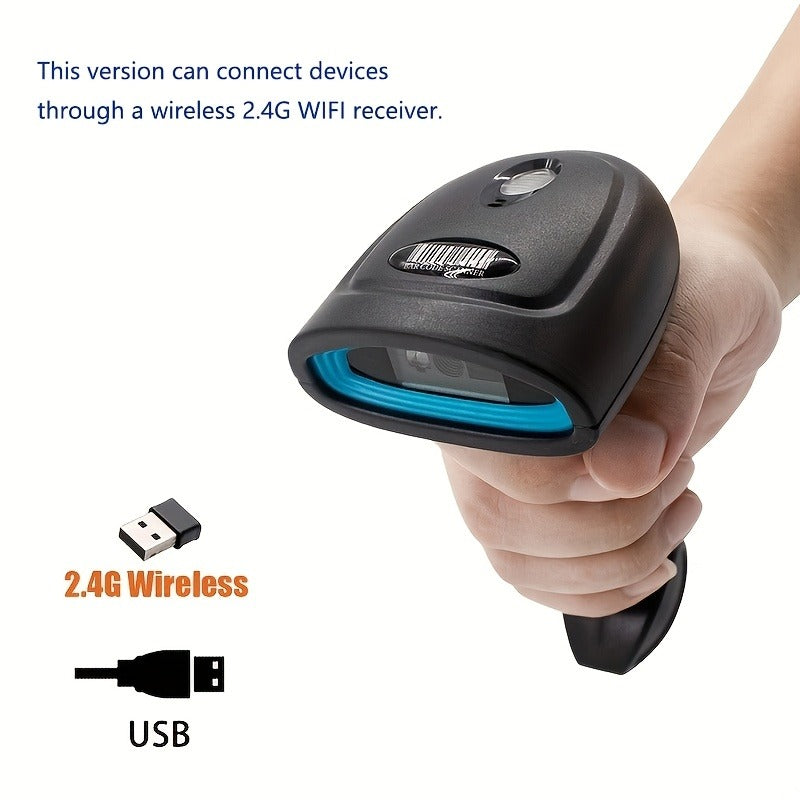 ماسح الباركود اللاسلكي ثنائي الأبعاد 2.4G بتقنية بلوتوث وUSB، قارئ QR محمول أحادي/ثنائي الأبعاد بتقنية CMOS للمتاجر والمستودعات ومحلات السوبر ماركت والدفع عبر الهاتف المحمول