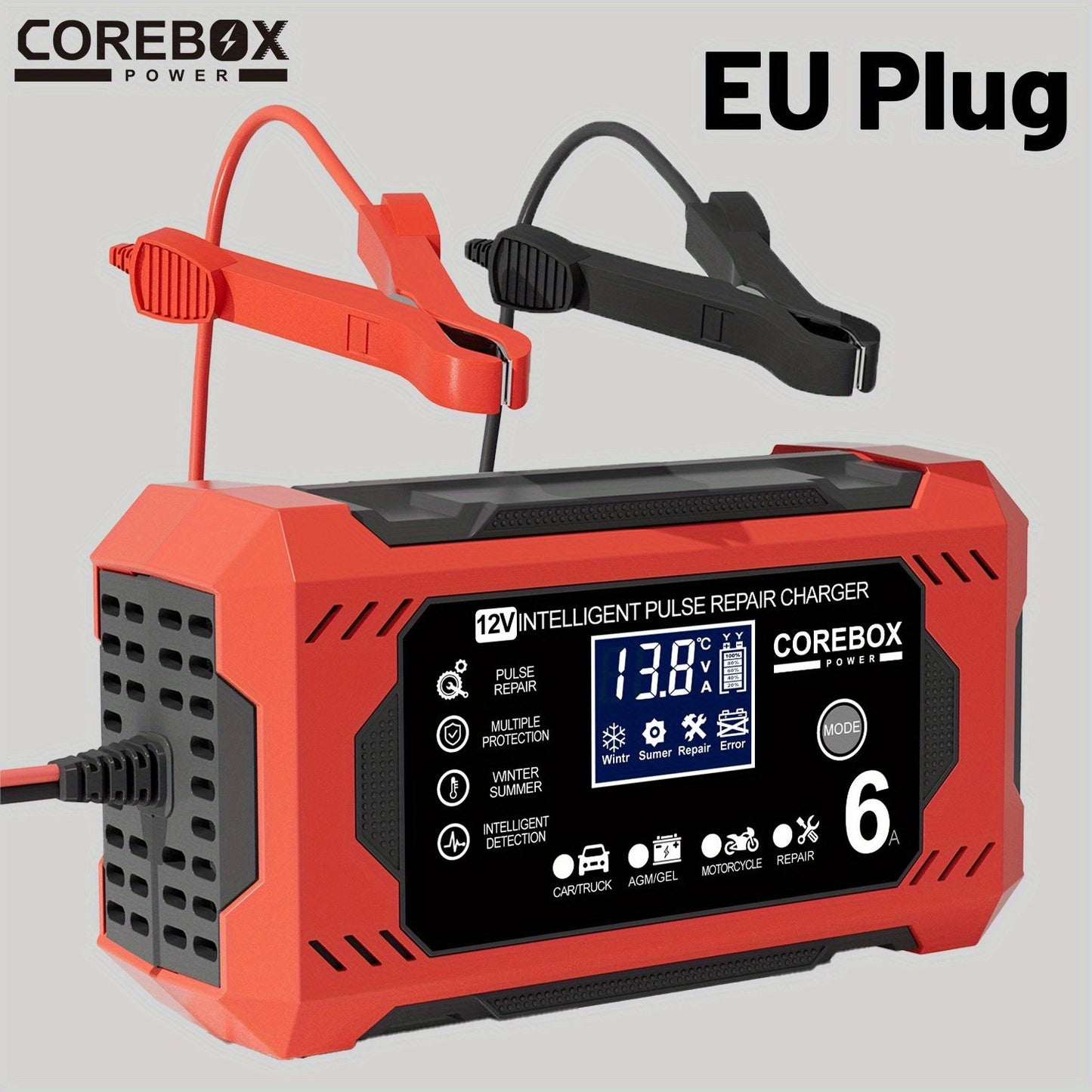 Chargeur de Batterie Intelligent COREBOX 12V 6A avec Écran LCD – Prise EU