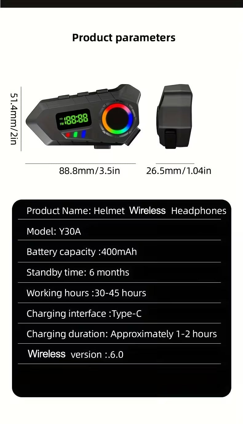 Ecouteur de Casque Sans Fil Y30A pour Moto et Vélo Électrique – Bluetooth 6.0, FM, Micro, Lumière RGB, IP65