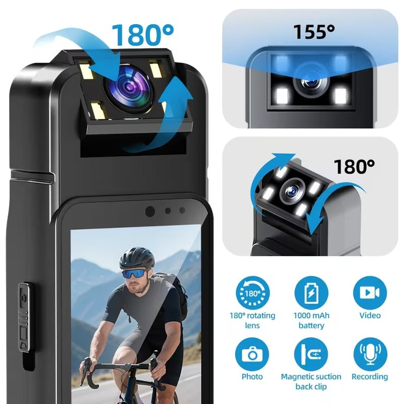 Caméra corporelle 1080P avec audio, objectif rotatif 180° et vision nocturne